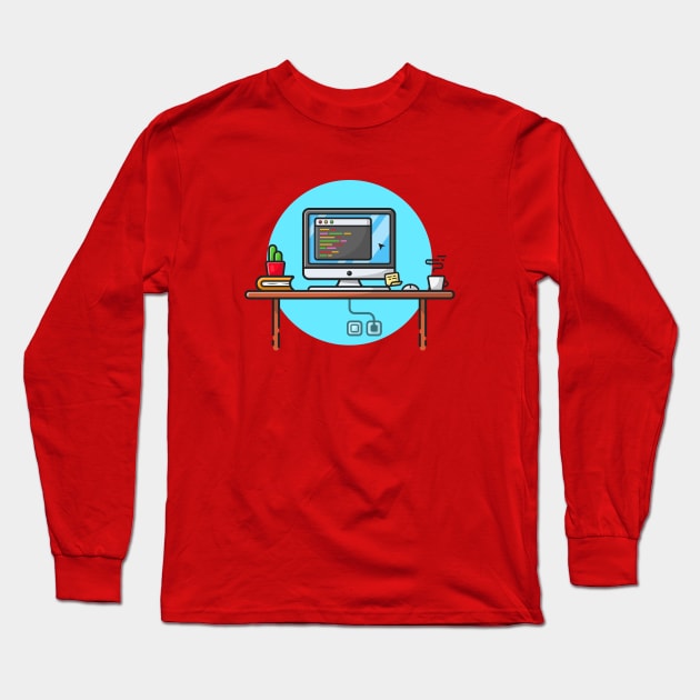 Coding Programmer Workspace with Cactus, Coffee and Book Cartoon Vector Icon Illustration Long Sleeve T-Shirt by Catalyst Labs